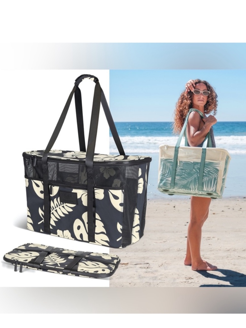 NEW ALOHA Collection CleverMade Collapsible Beach Tote in Blue/Cream